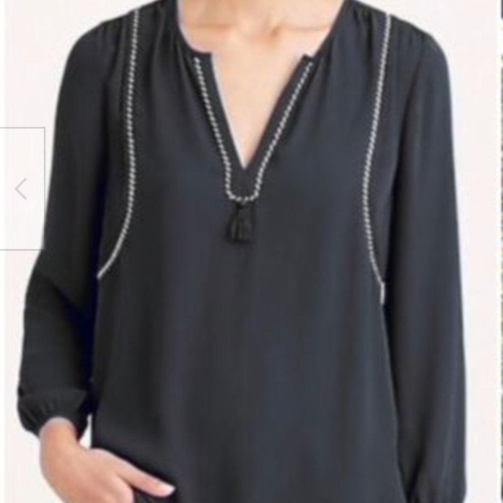 J. CREW Tassel Blouse Black, Drapey Silky Satin Shirt